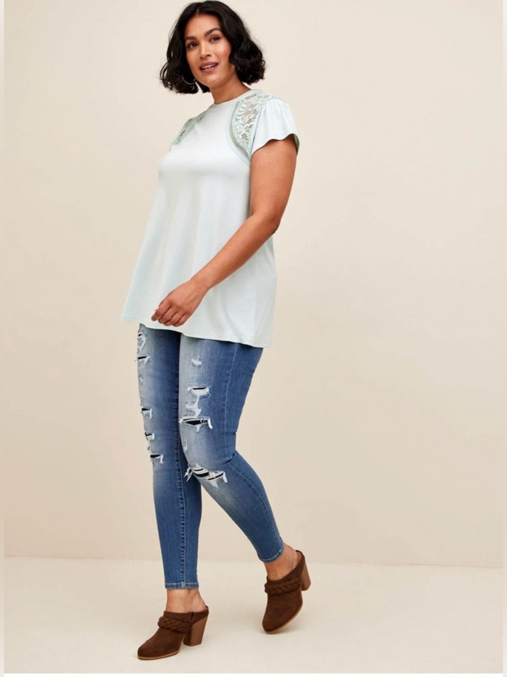 Torrid Studio Crepe Jersey Mock Neck Lace Inset Top - Picture 3 of 7
